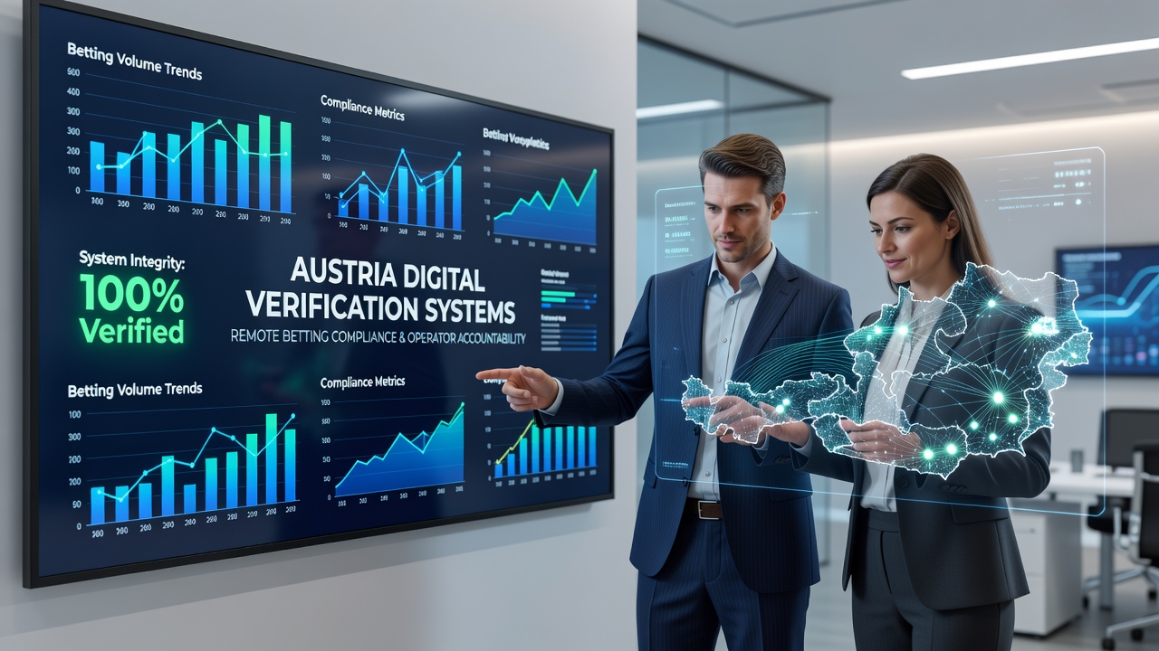 Operator dashboard displaying compliance metrics and verification logs for Austrian remote betting services